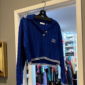 Sandro Royal Blue Cropped Sweater with White Accents size 1 pristine